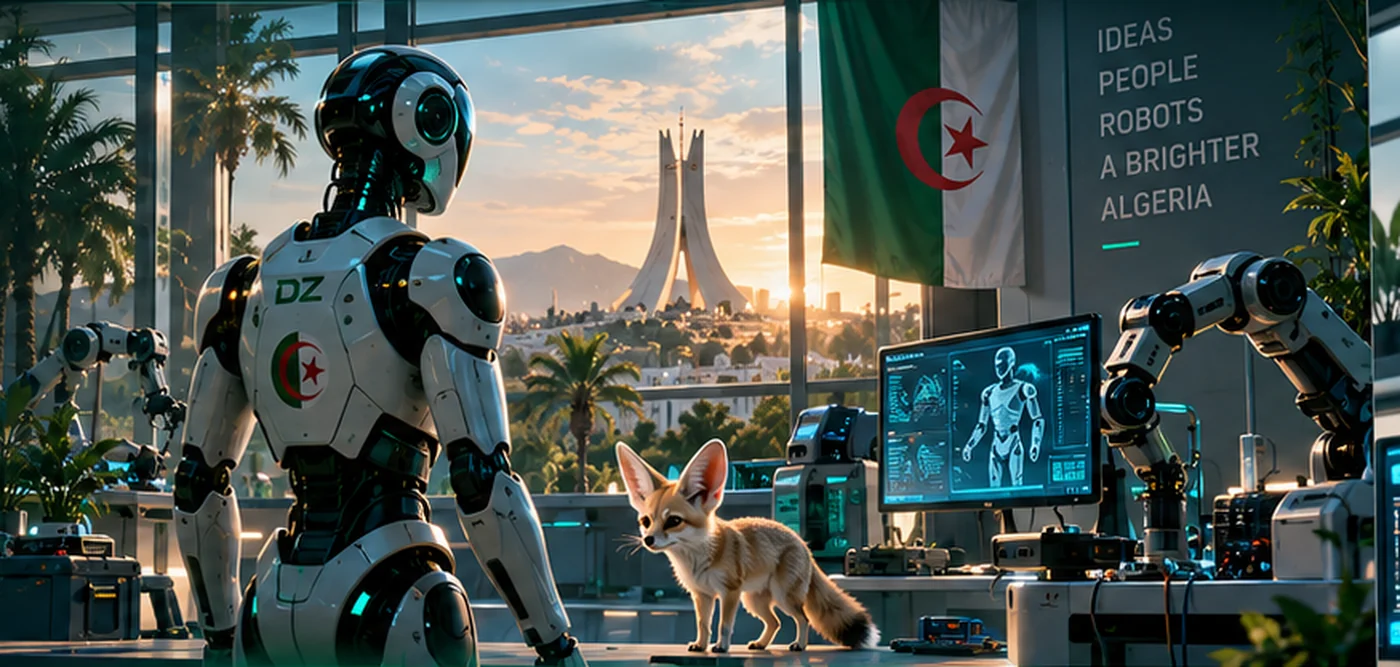 Concept visualization of an Algerian robotics laboratory with humanoid robot and Algiers skyline